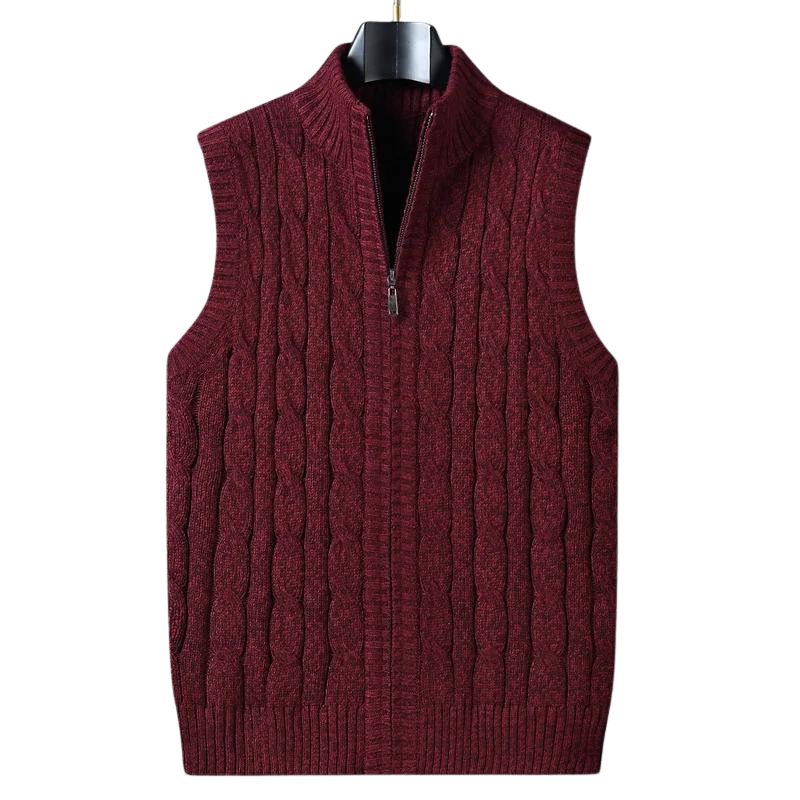 Cable Knit Sweater Vest | Full-Zip Front | Soft Wool Blend Layer