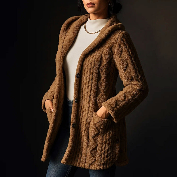 Women's Plush Coat, Hooded, Jacquard Fabric, Button-Down Front