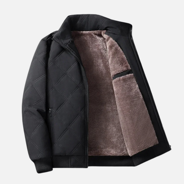 Men's Diamond-Quilted Jacket, High Collar, Zip Pockets, Ribbed Hem