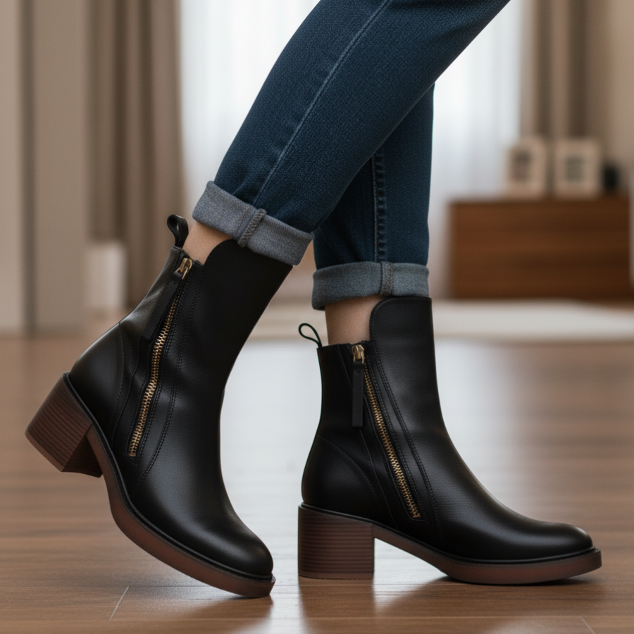Women's Block Heel Boots, Faux Leather, Round Toe, Black or Brown