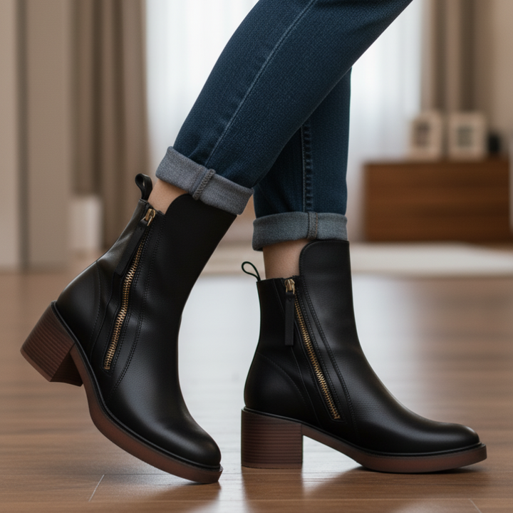 Women's Block Heel Boots, Faux Leather, Round Toe, Black or Brown