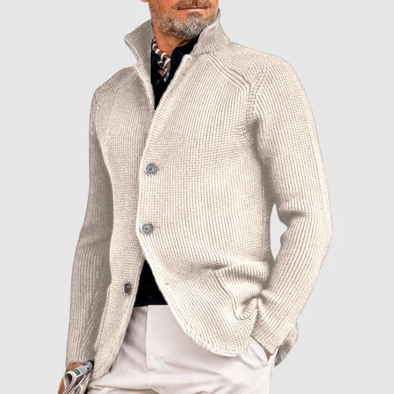 Ribbed Knit Button-Up Cardigan | Smart Casual Shawl Collar Sweater