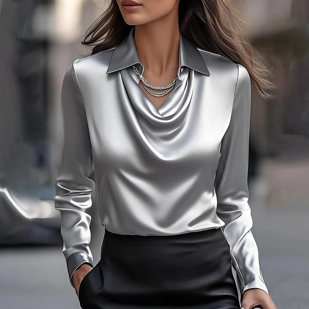 Ikata | Shiny Blouse with Pleated Neckline
