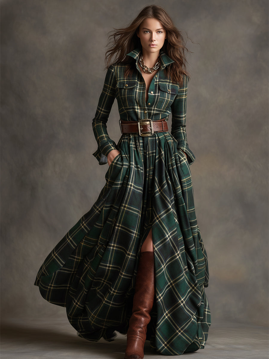 Reddish Brown Maxi Dress | Vintage Plaid, Cotton Blend, Relaxed Fit - 5