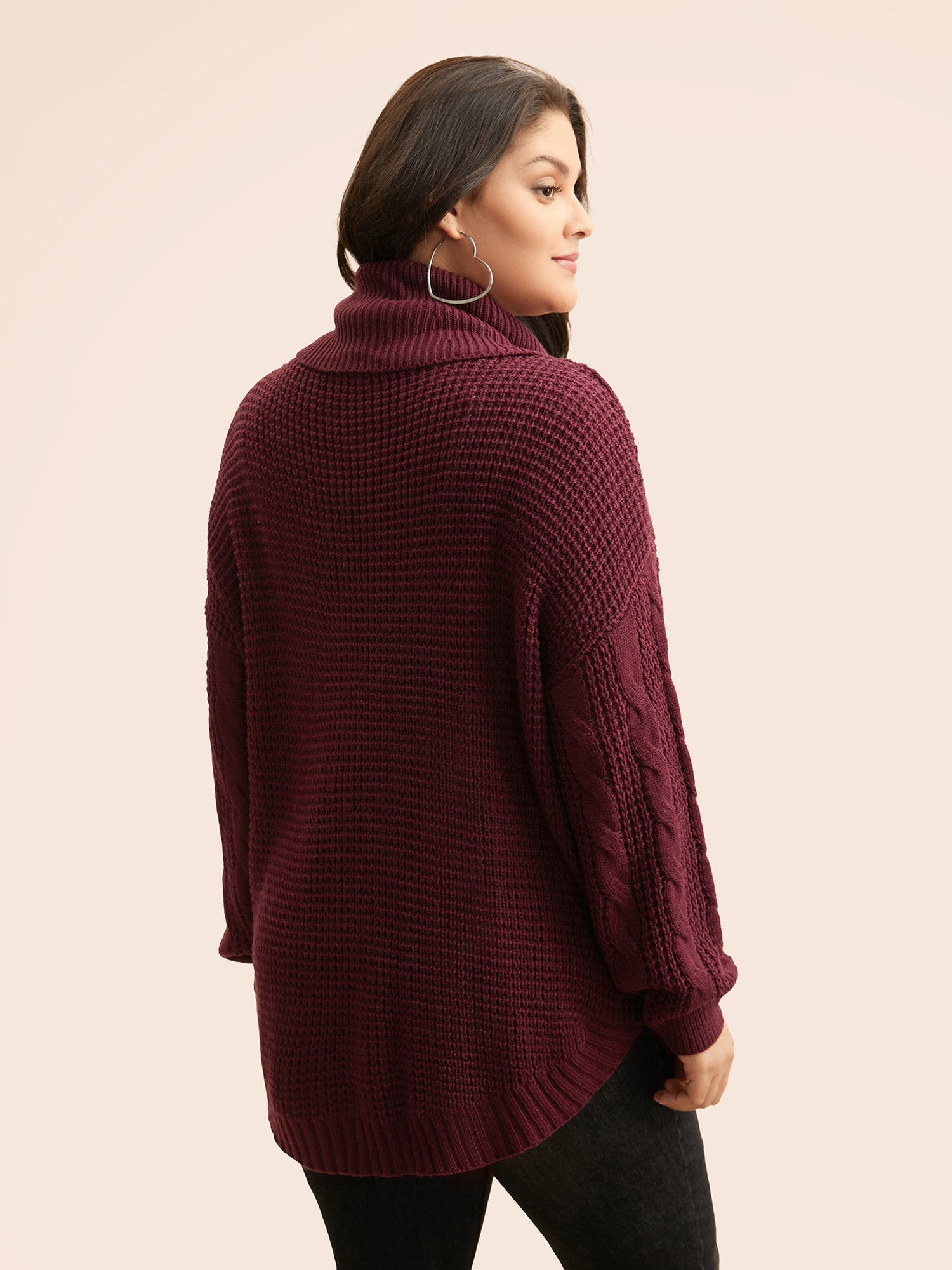 Turtleneck Cable Knit Curved Hem Pullover