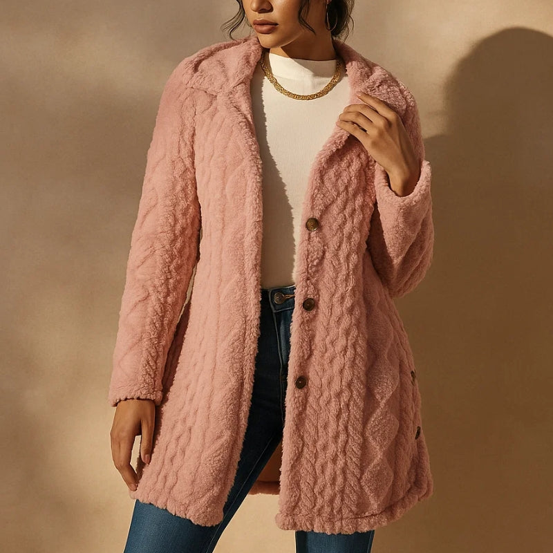 Women's Plush Coat, Hooded, Jacquard Fabric, Button-Down Front