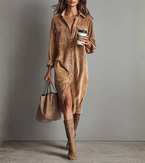 Ava Midi Dress | Soft Corduroy, Roll-Up Sleeves, Chic Design