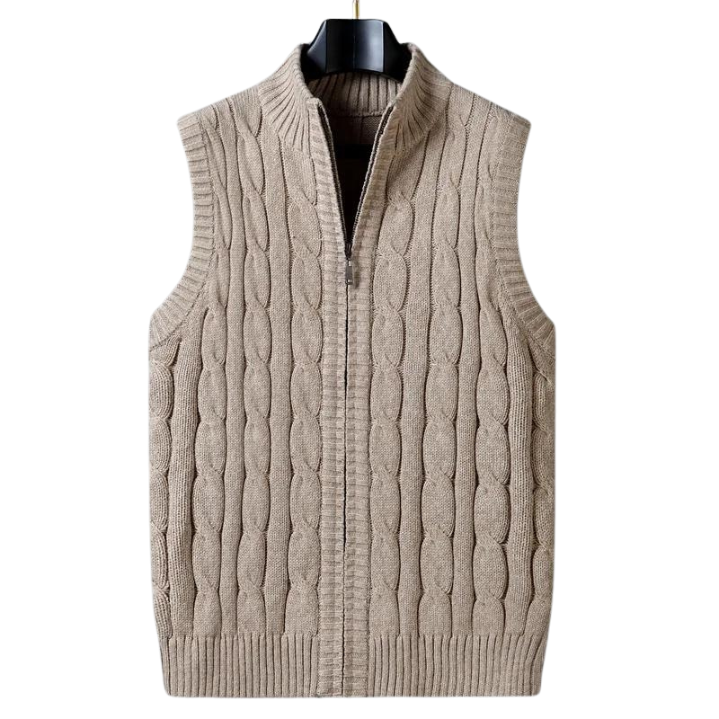 Cable Knit Sweater Vest | Full-Zip Front | Soft Wool Blend Layer