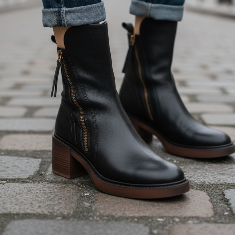Women's Block Heel Boots, Faux Leather, Round Toe, Black or Brown
