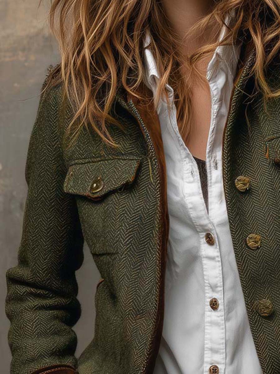 Herringbone Tweed Blazer With Velvet Trim