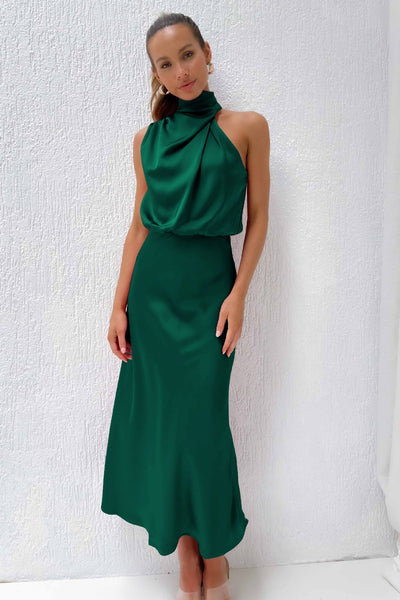 Ivy | Long Satin Dress with Halter Neckline