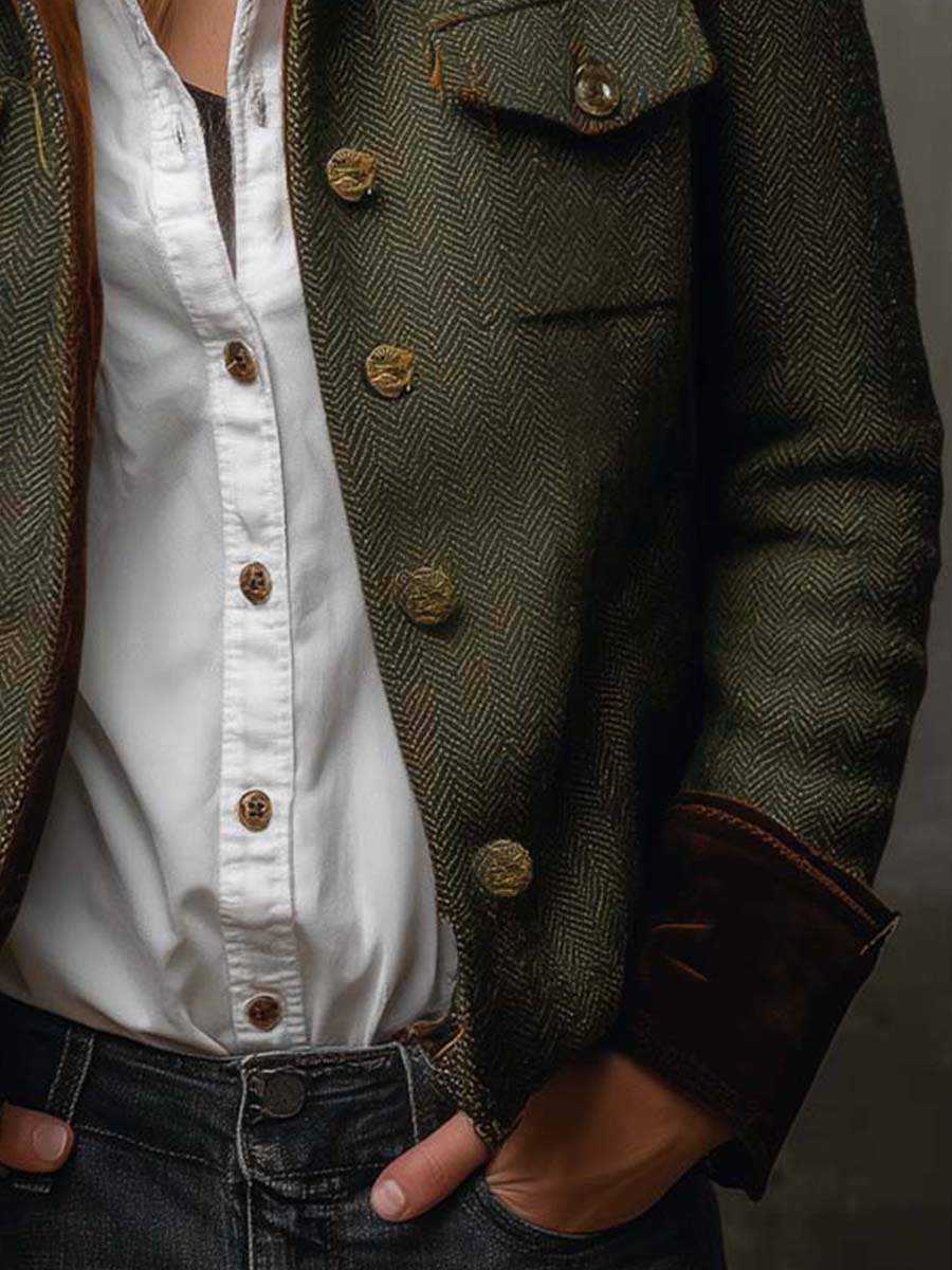 Herringbone Tweed Blazer With Velvet Trim