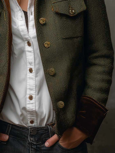 Herringbone Tweed Blazer With Velvet Trim