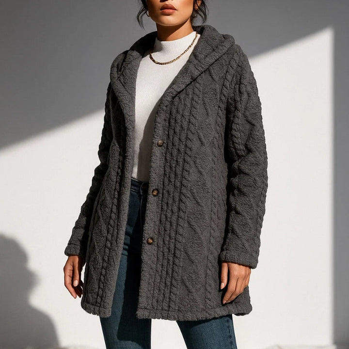 Women's Plush Coat, Hooded, Jacquard Fabric, Button-Down Front
