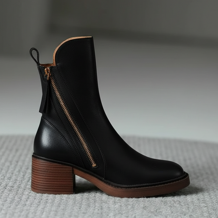 Women's Block Heel Boots, Faux Leather, Round Toe, Black or Brown