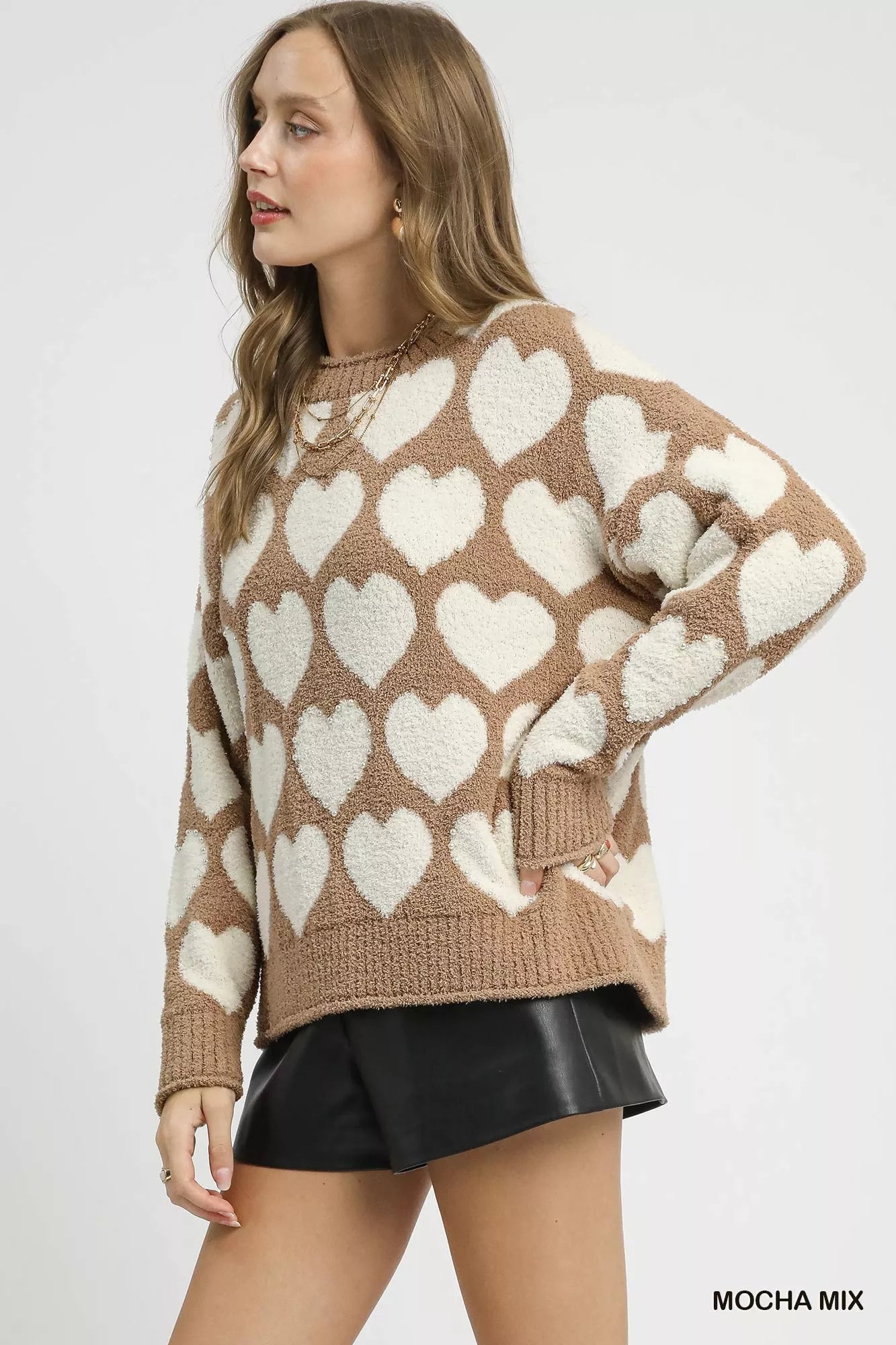 Umgee | Mix Heart Pattern Pearl Accent Sweater