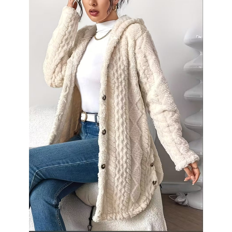 Women's Plush Coat, Hooded, Jacquard Fabric, Button-Down Front