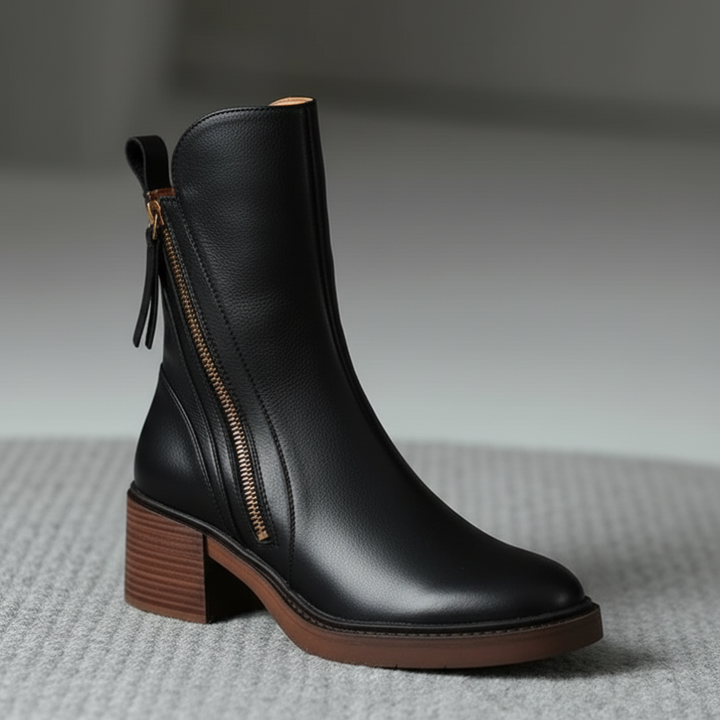 Women's Block Heel Boots, Faux Leather, Round Toe, Black or Brown