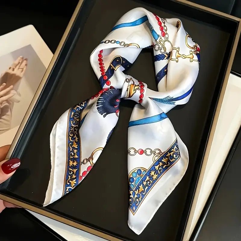 Rosa Silk Scarf | Vintage Equestrian Chain Print, Luxurious Square Scarf for Women - 3