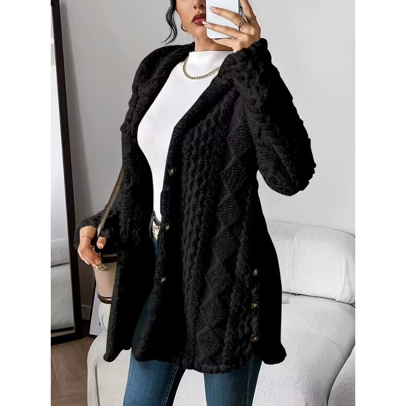 Women's Plush Coat, Hooded, Jacquard Fabric, Button-Down Front