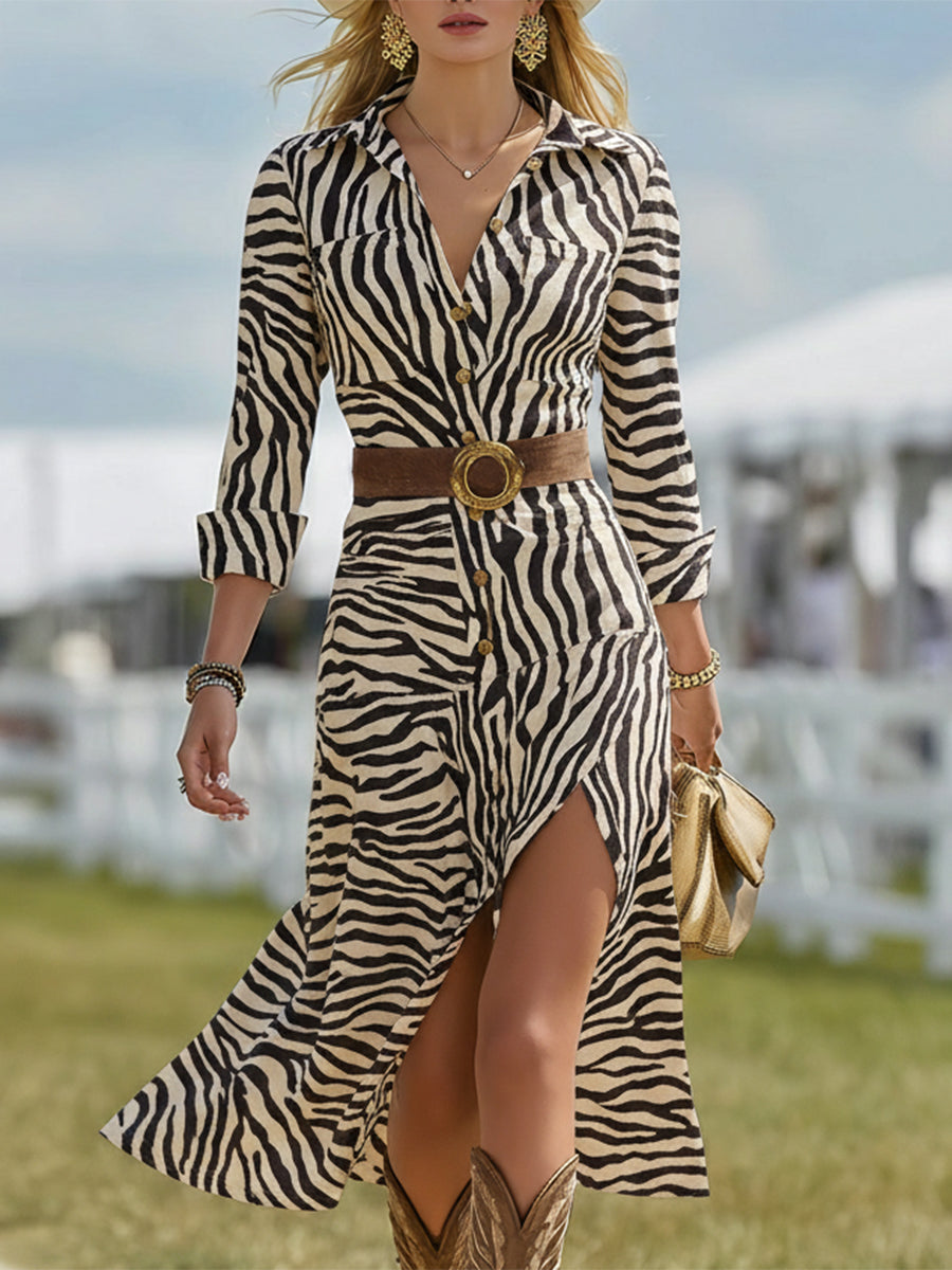 Retro Western Zebra Print Faux Suede Slit Midi Dress