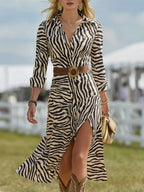 Retro Western Zebra Print Faux Suede Slit Midi Dress