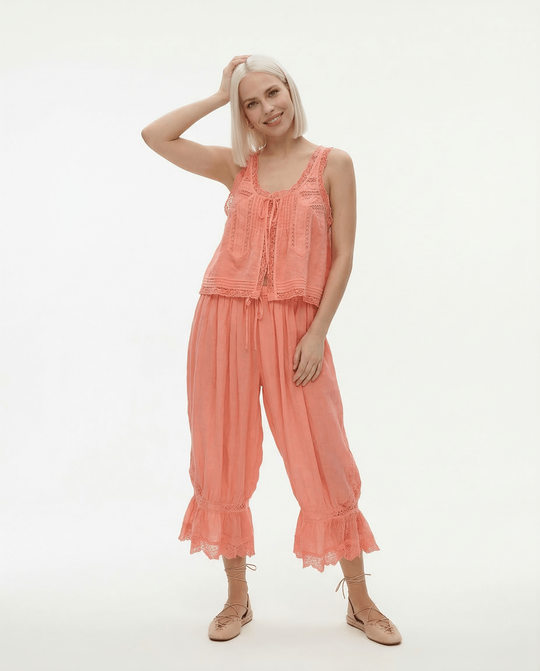 Alyssa Women's Set | Lightweight Cotton Loungewear, Vintage-Inspired Lace 5