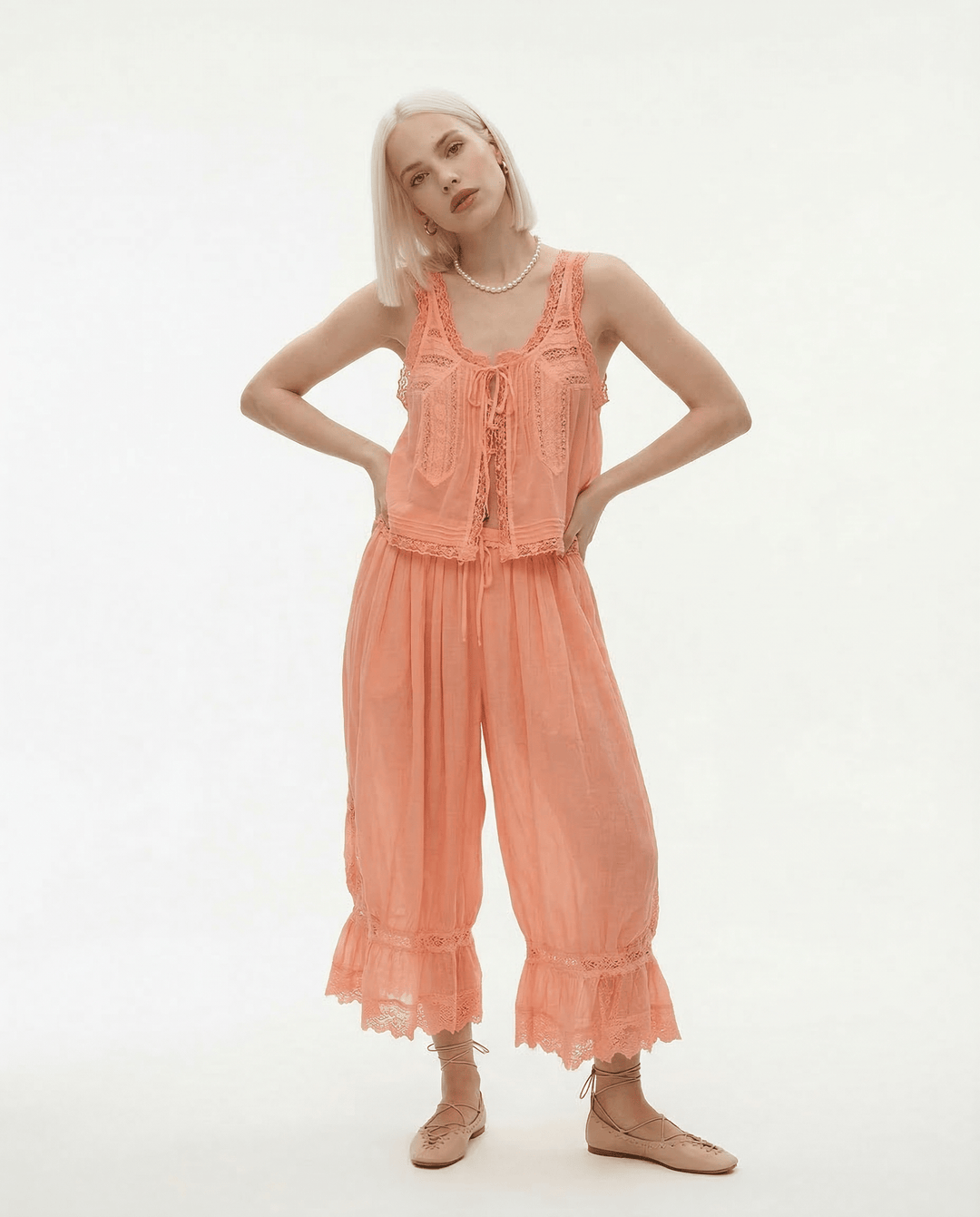 Alyssa Women's Set | Lightweight Cotton Loungewear, Vintage-Inspired Lace 7