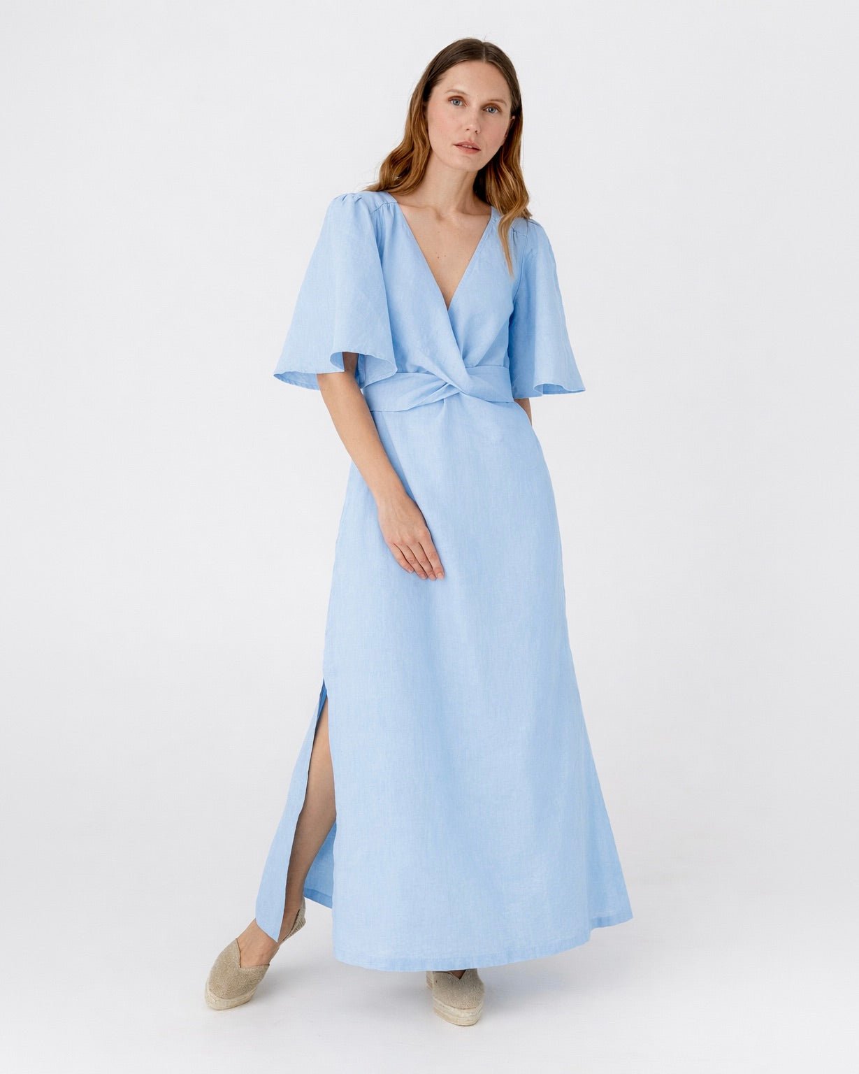 Aqua Maxi Dress | Linen, Adjustable Fit, Elbow-Length Sleeves 0
