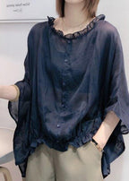 Aqua Ruffle Blouse | Plus Size, Cotton-Linen Blend 0