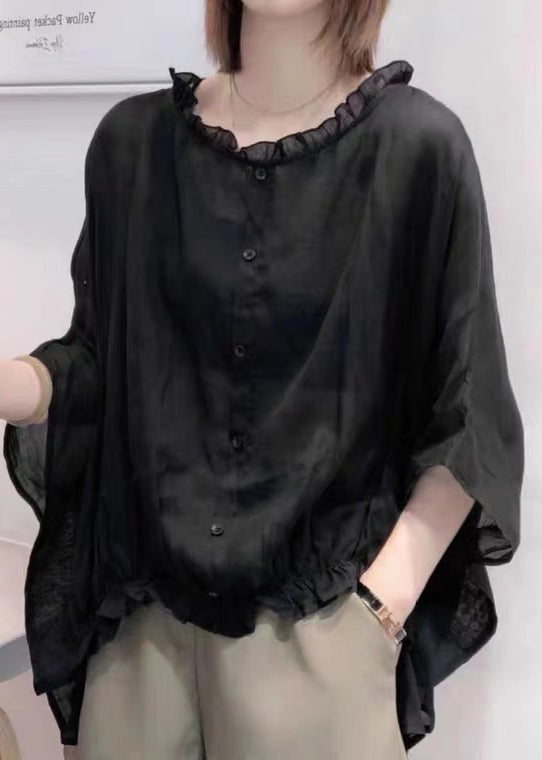 Aqua Ruffle Blouse | Plus Size, Cotton-Linen Blend 1
