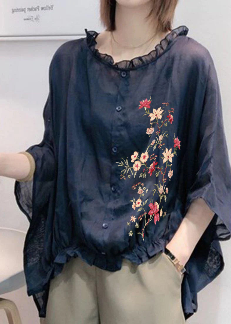 Aqua Ruffle Blouse | Plus Size, Cotton-Linen Blend 16