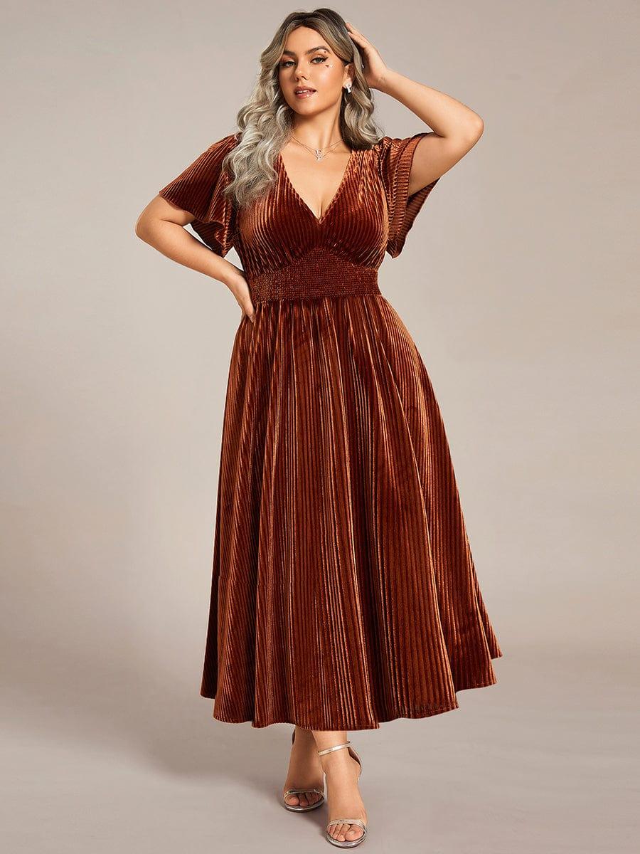 Ardenza Velvet Dress | Plus Size A-Line V-Neck Tea Length for Wedding Guest & Cocktail Parties 0