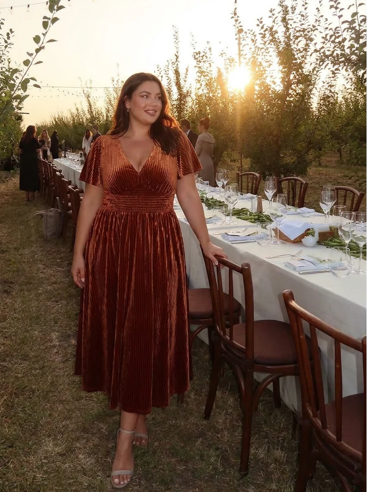Ardenza Velvet Dress | Plus Size A-Line V-Neck Tea Length for Wedding Guest & Cocktail Parties 1