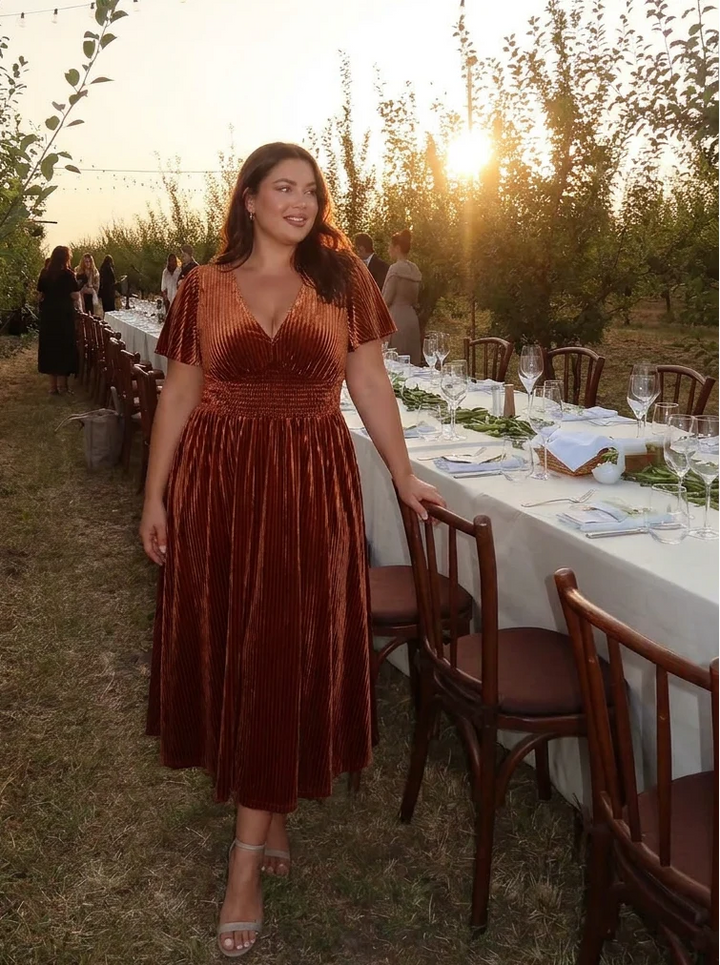 Ardenza Velvet Dress | Plus Size A-Line V-Neck Tea Length for Wedding Guest & Cocktail Parties 1