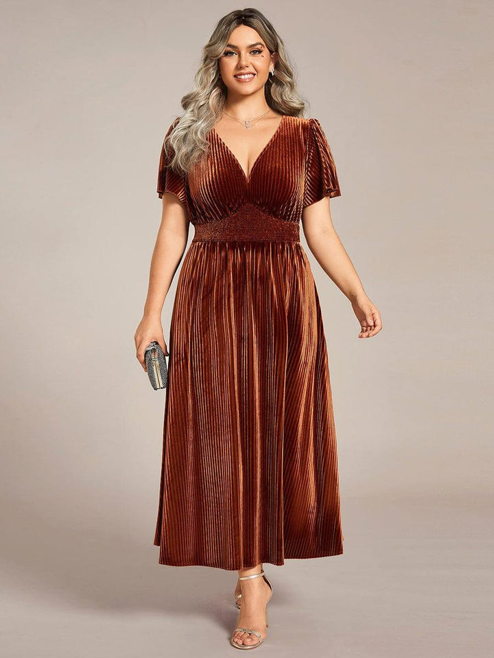 Ardenza Velvet Dress | Plus Size A-Line V-Neck Tea Length for Wedding Guest & Cocktail Parties 5