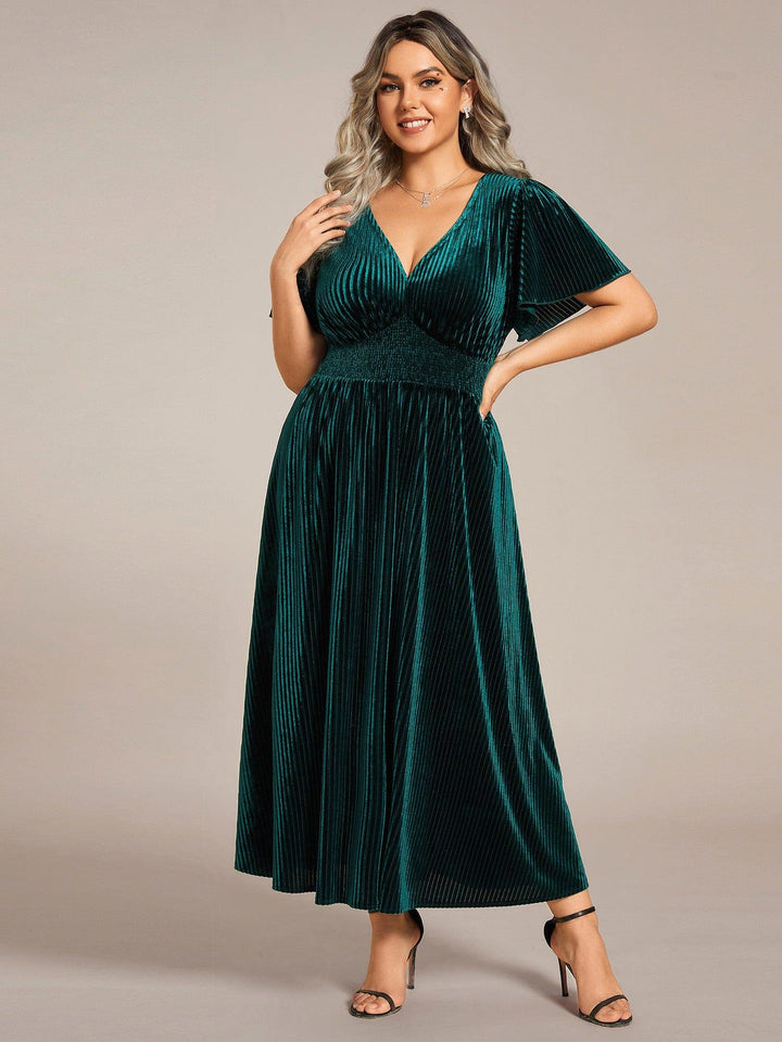 Ardenza Velvet Dress | Plus Size A-Line V-Neck Tea Length for Wedding Guest & Cocktail Parties 6