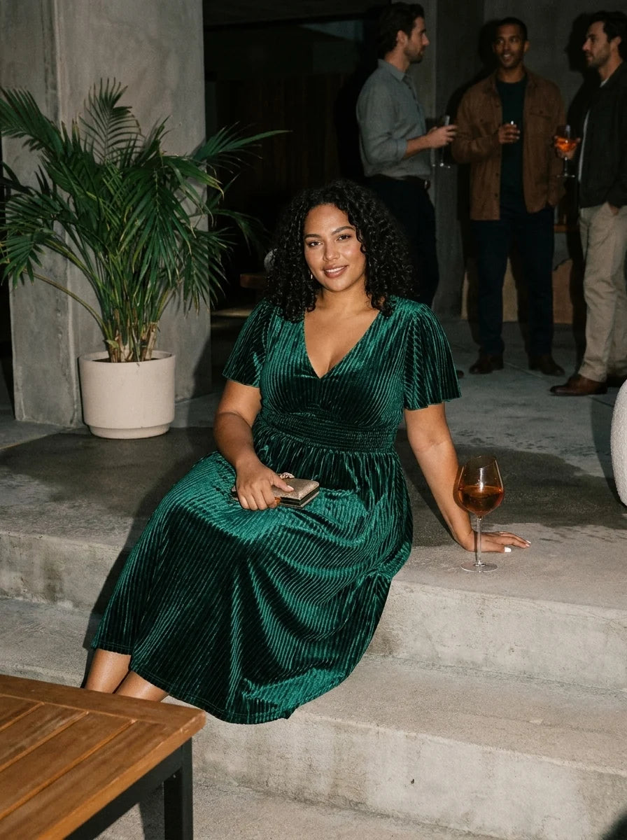 Ardenza Velvet Dress | Plus Size A-Line V-Neck Tea Length for Wedding Guest & Cocktail Parties 7