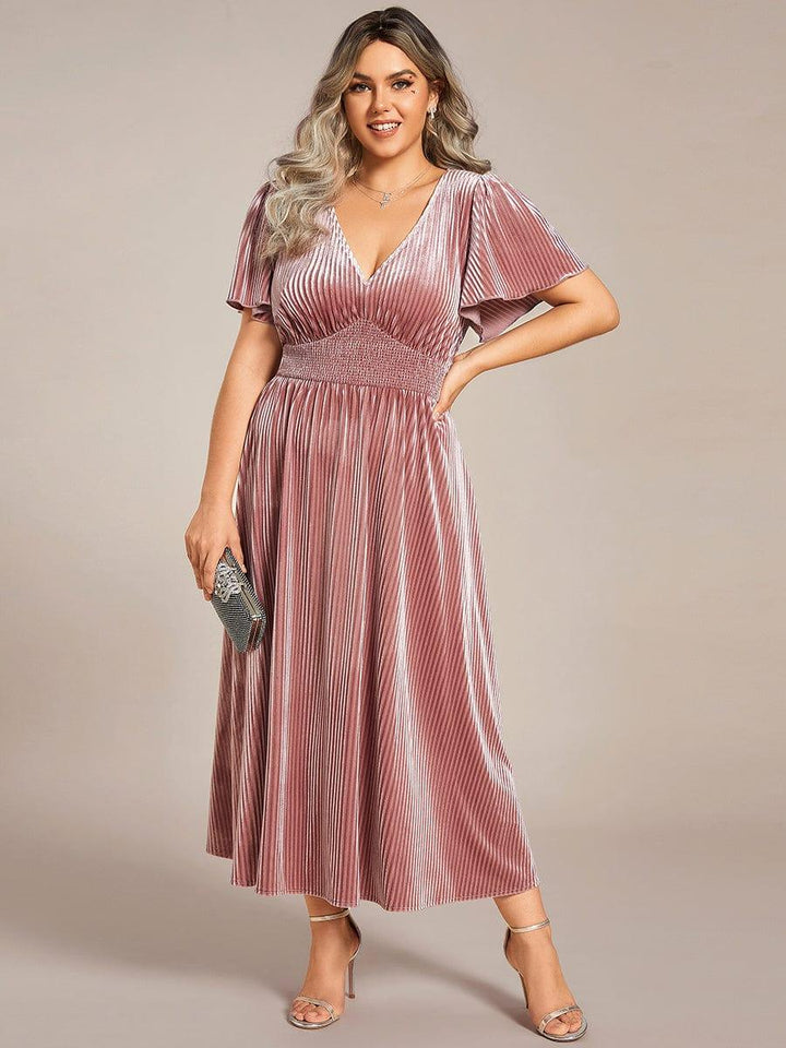 Ardenza Velvet Dress | Plus Size A-Line V-Neck Tea Length for Wedding Guest & Cocktail Parties 9