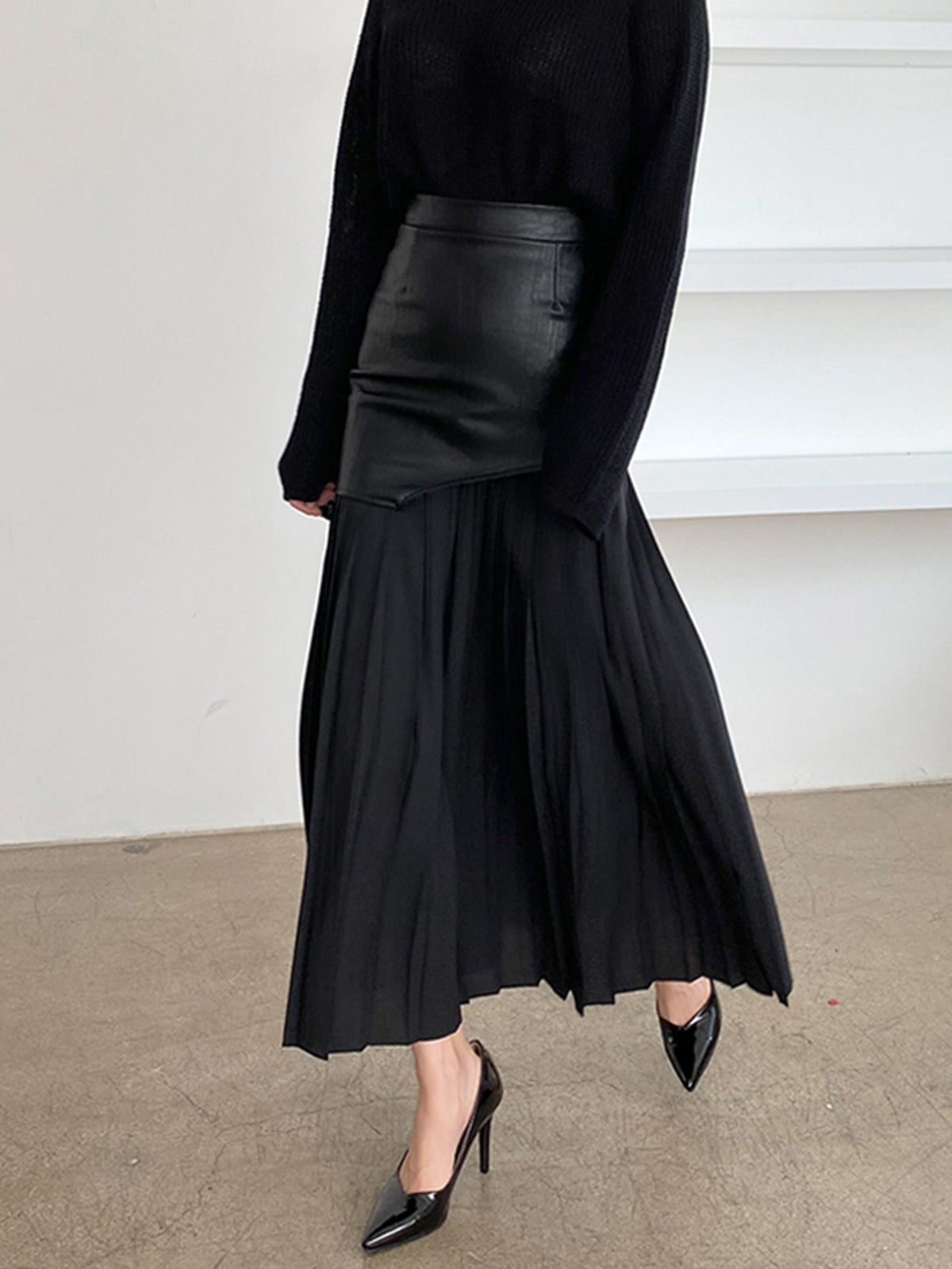 Astra Maxi Skirt | Asymmetric Patchwork, Faux Leather & Chiffon 4