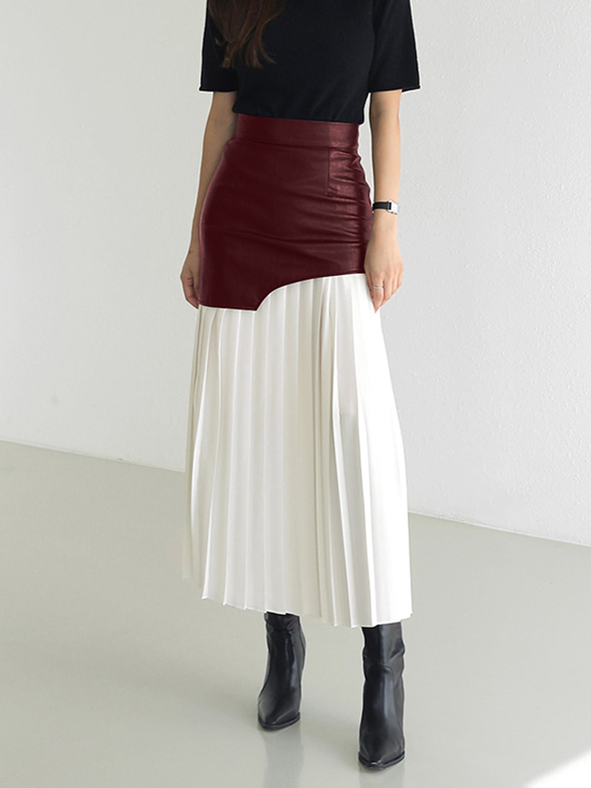 Astra Maxi Skirt | Asymmetric Patchwork, Faux Leather & Chiffon 9
