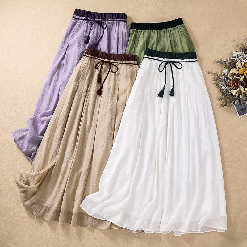 Ava A-Line Maxi Skirt | Lightweight Linen, Textured Waist, Tassel Detail 4