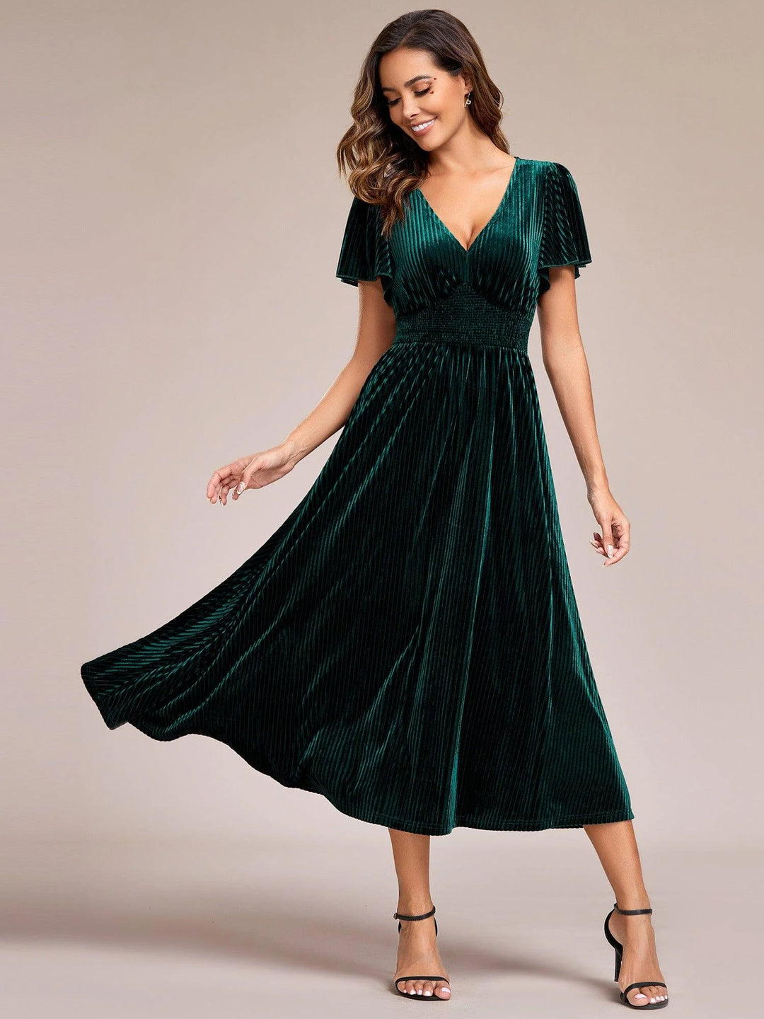 Azura Velvet Midi Dress | V-Neck, Elegant Wedding Guest Dress 0