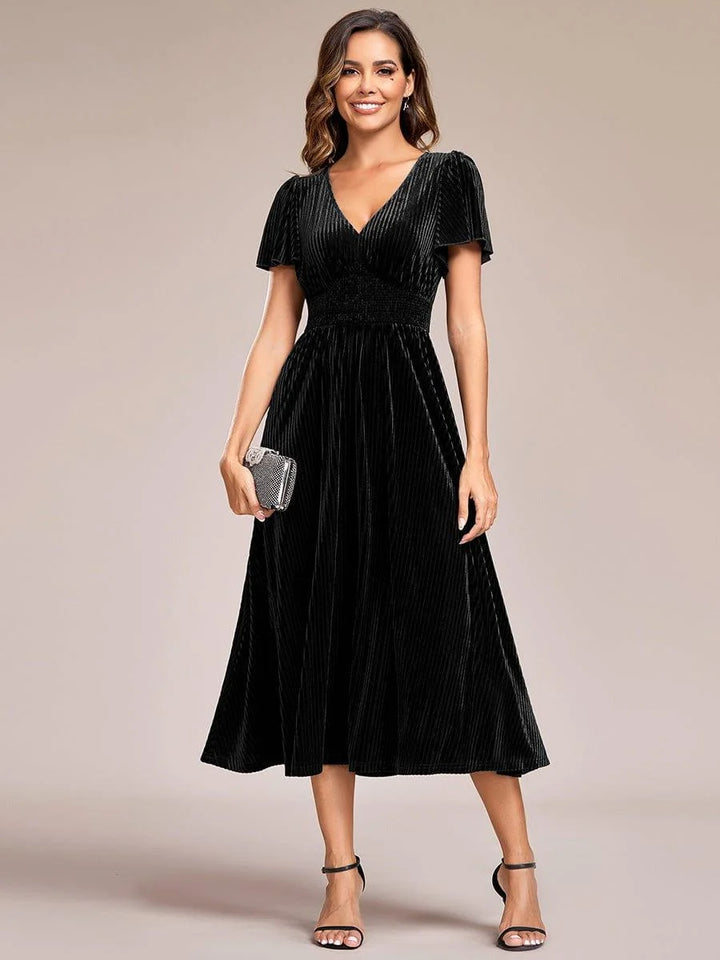 Azura Velvet Midi Dress | V-Neck, Elegant Wedding Guest Dress 10