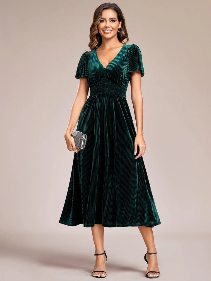 Azura Velvet Midi Dress | V-Neck, Elegant Wedding Guest Dress 4