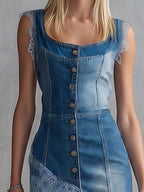 Bella Denim Dress | Lace-Trimmed, Asymmetrical Hem 2