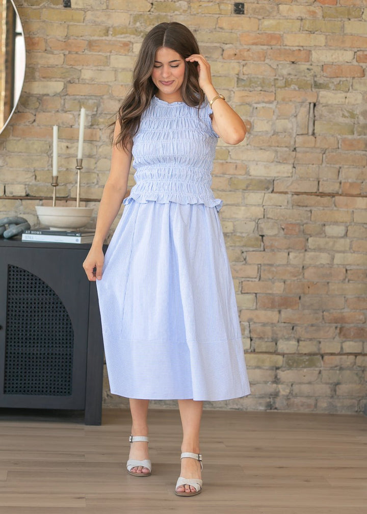 Bella Stripe Set | Soft Fabric, Smocked Top & Midi Skirt 2