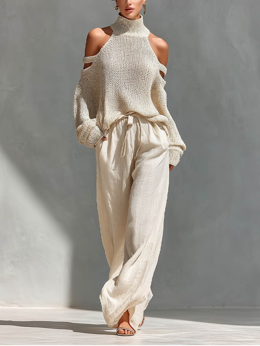 Bella Women's Knit Set | Cold-Shoulder Turtleneck, Wide-Leg Pants, Knitted Loungewear 0