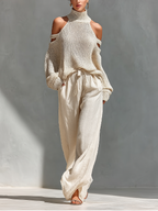 Bella Women's Knit Set | Cold-Shoulder Turtleneck, Wide-Leg Pants, Knitted Loungewear 0