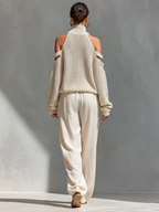 Bella Women's Knit Set | Cold-Shoulder Turtleneck, Wide-Leg Pants, Knitted Loungewear 1